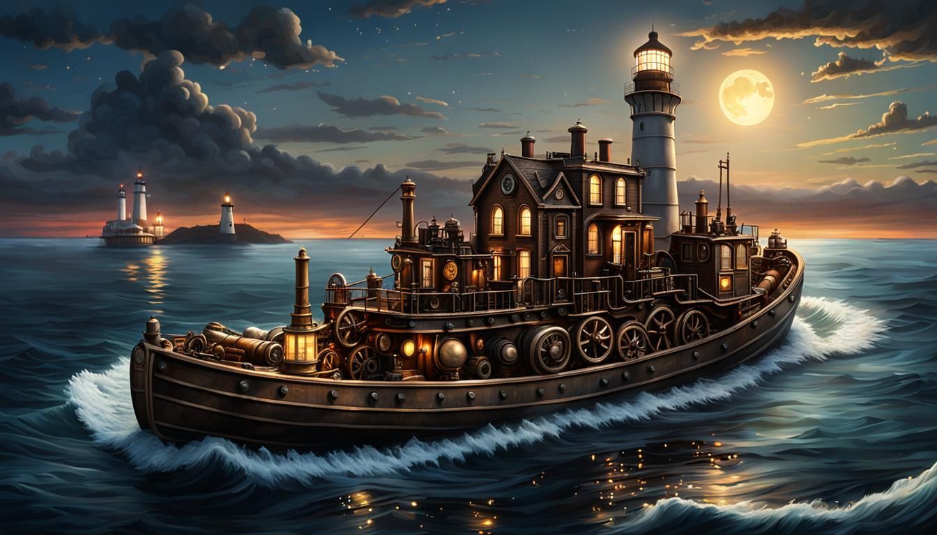 Boat Bed at Sunset with Steampunk Lighthouse