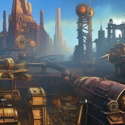 Steampunk Universe with Victorian Architecture and Gears