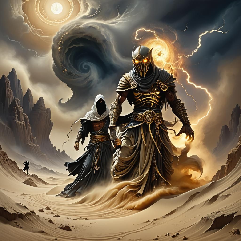 Ghostly Sandstorm Figure in Eerie Gothic Desert