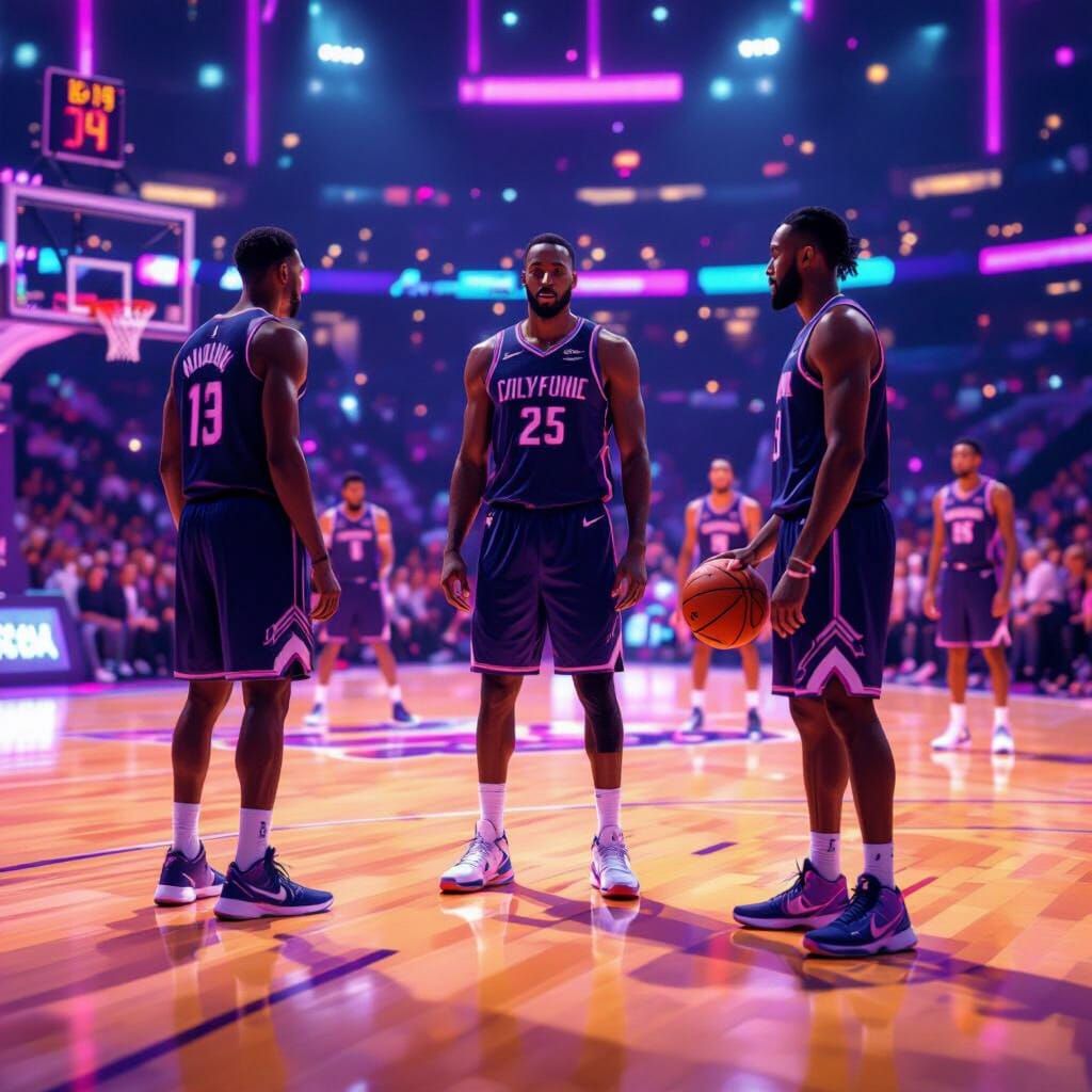 Neon Basketball Court with Athletes in Futuristic Style