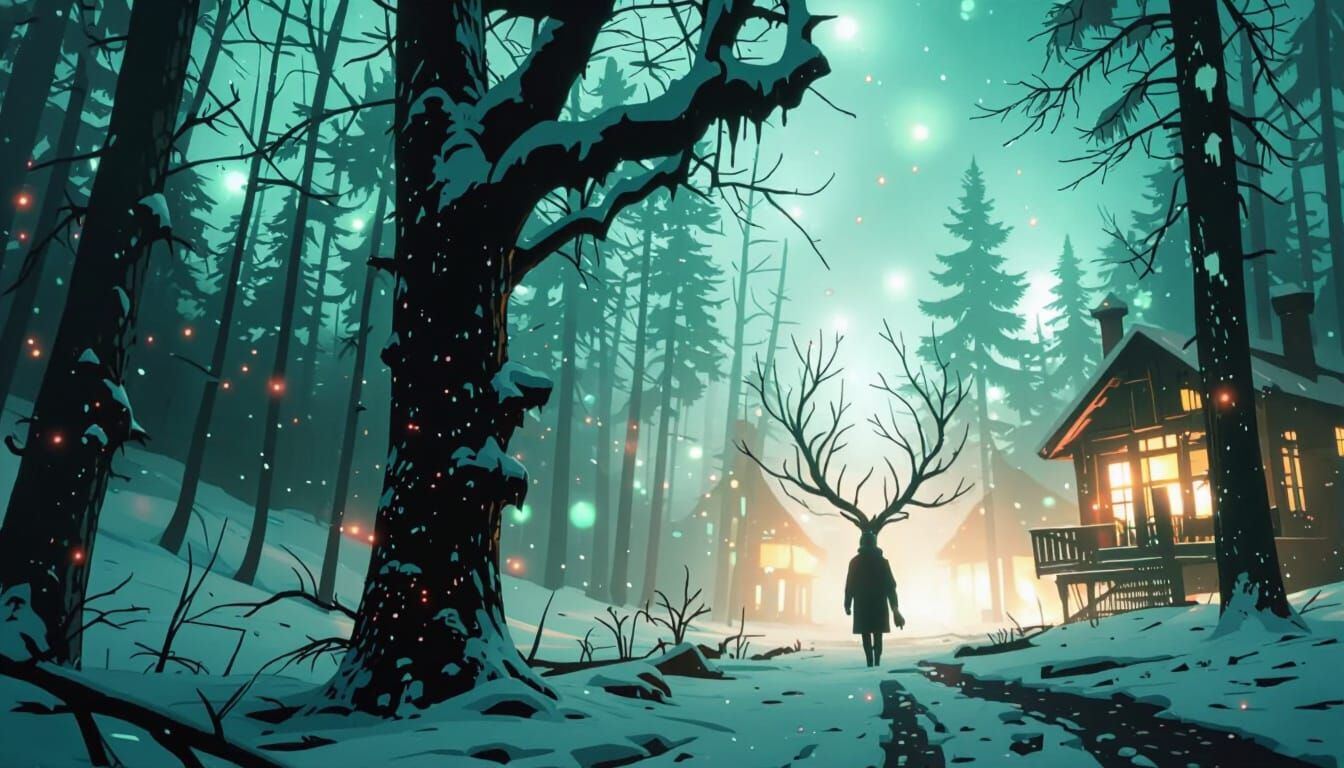 Eerie Green Sky Over Foggy Snow Forest