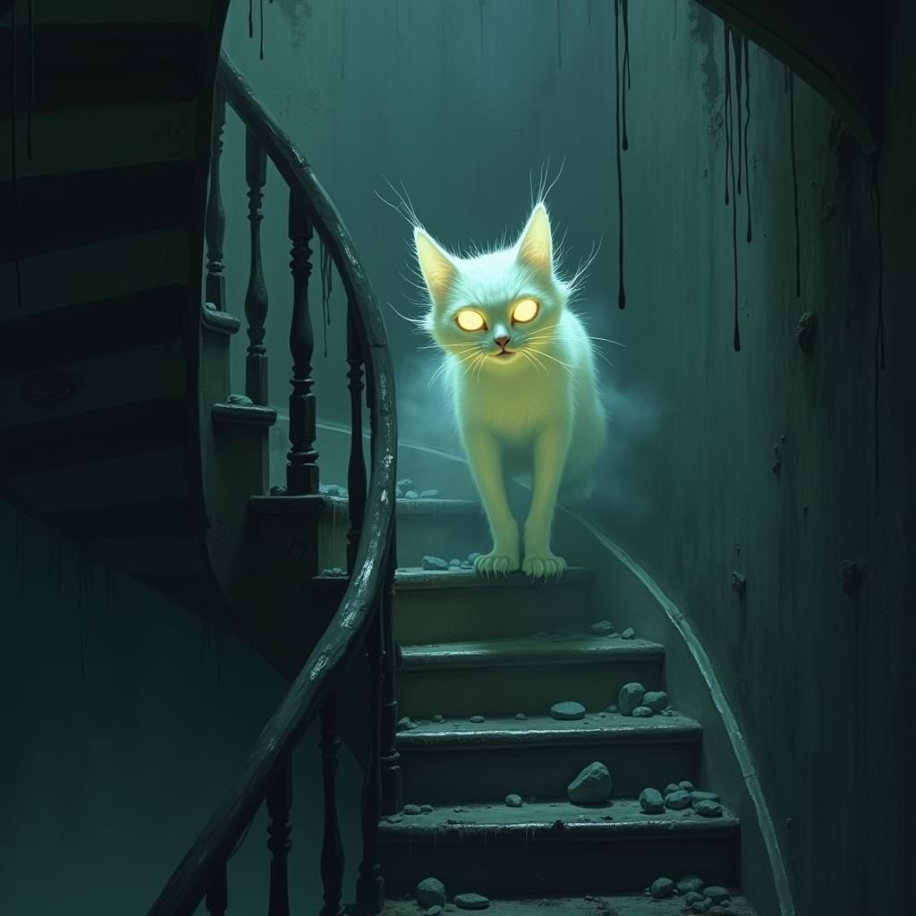 Eerie Ghost Cat Descending Victorian Staircase