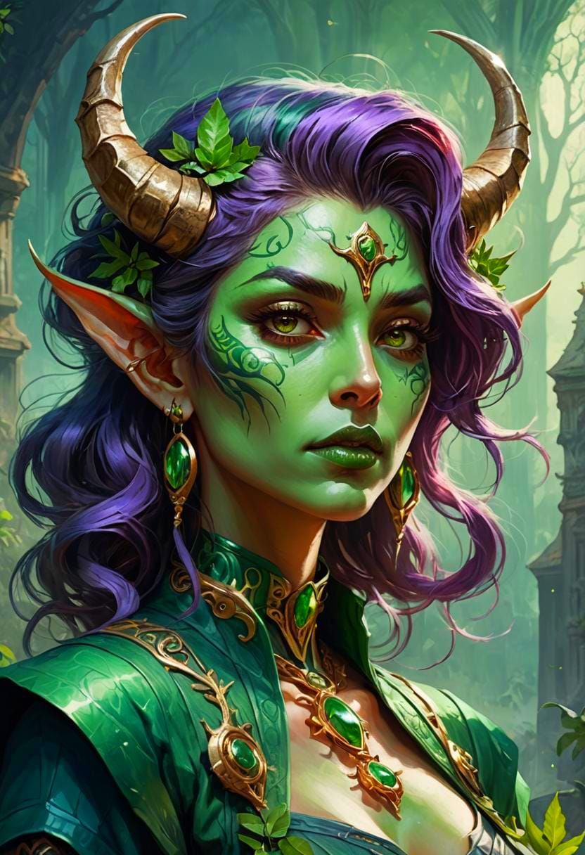 Green Elf Woman with Horns Portrait