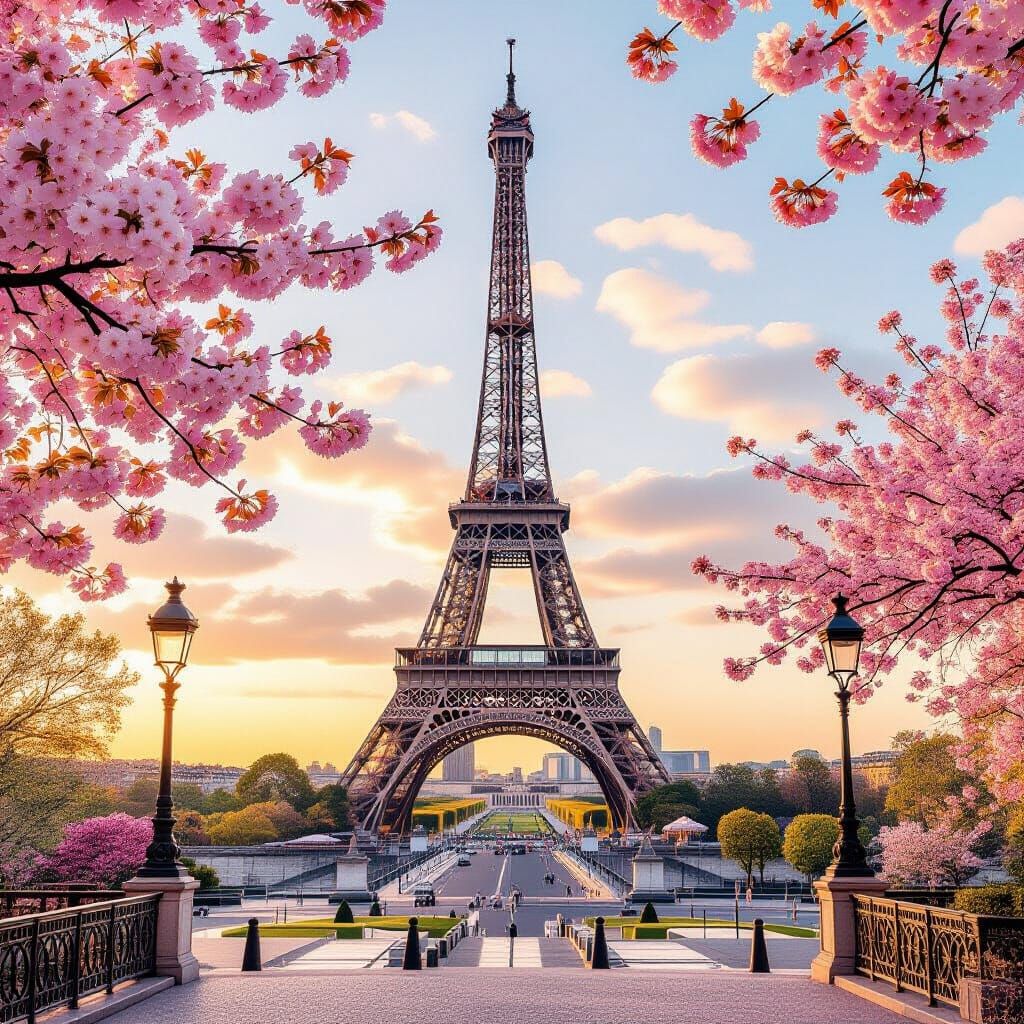 Eiffel Tower in Paris with Cherry Blossoms