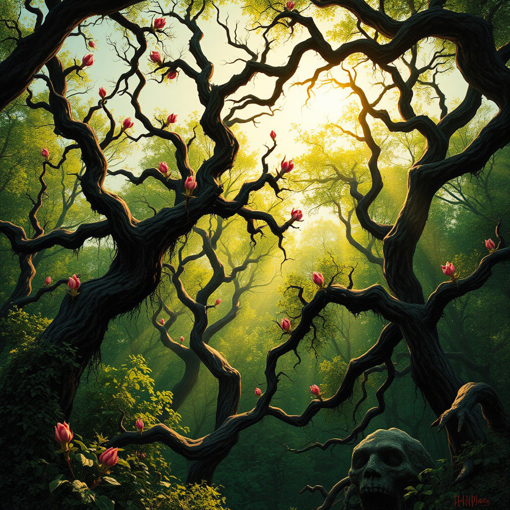 Eerie Forest with Twisted Trees and Bleeding Buds