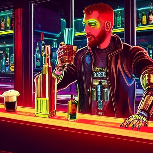 Cyberpunk Robot Bartender Serving Beer in Neon Bar