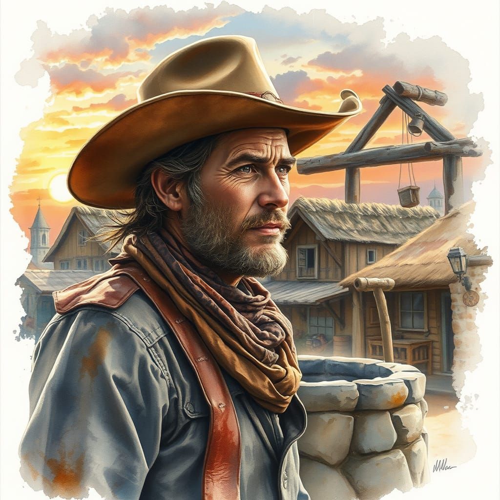 Cowboy in Western Town: Watercolor Portrait