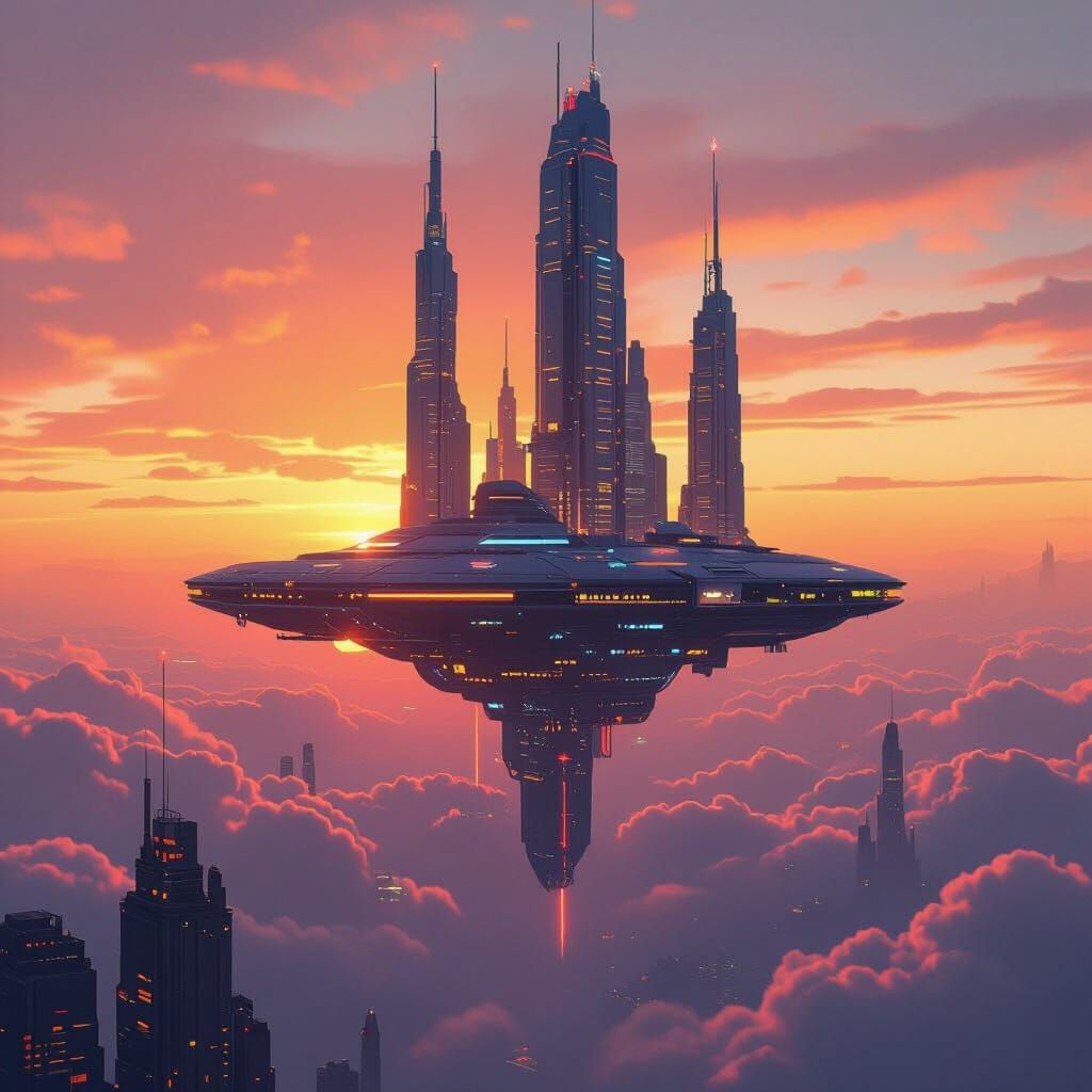 Futuristic Floating City at Sunset in Cyberpunk Style
