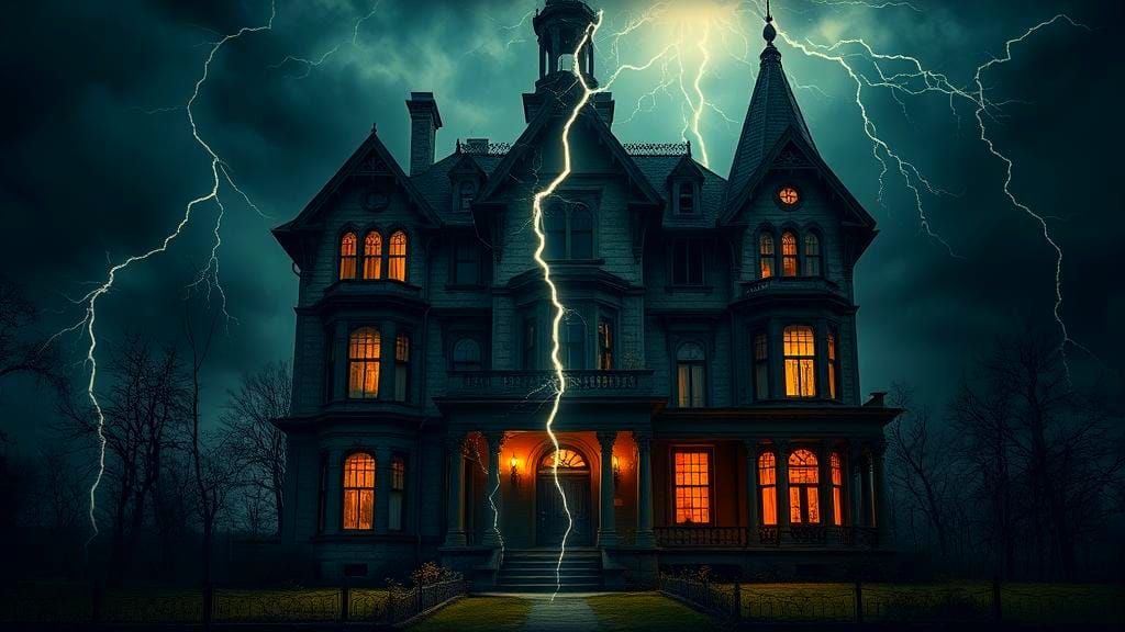 Eerie Haunted Mansion with Graveyard in Eerie Lighting