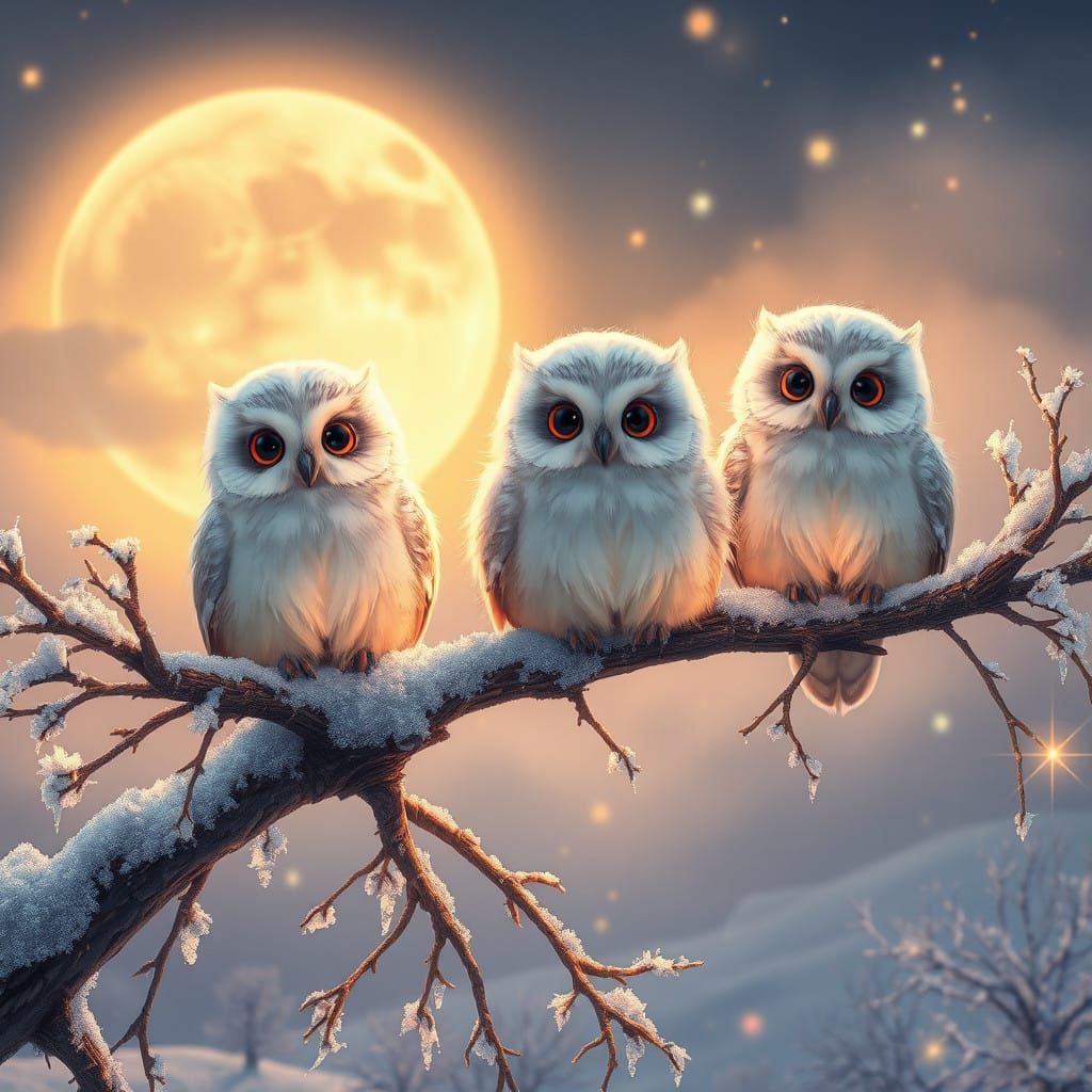Winter Solstice Owls in Moody Matt Painting Style