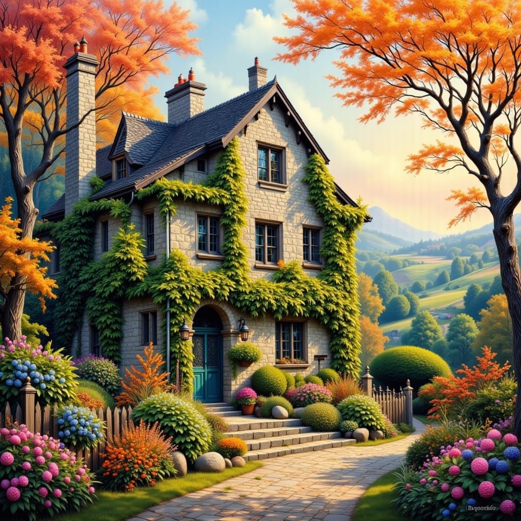 Quaint Village Cottage in Folk Art Style