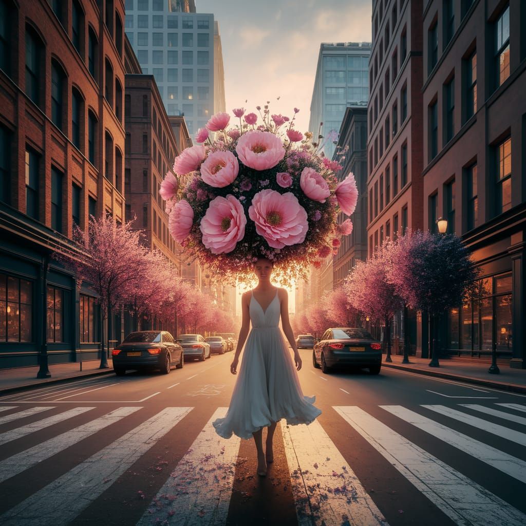 Urban Wanderer with Blooming Floral Crown in Golden Light