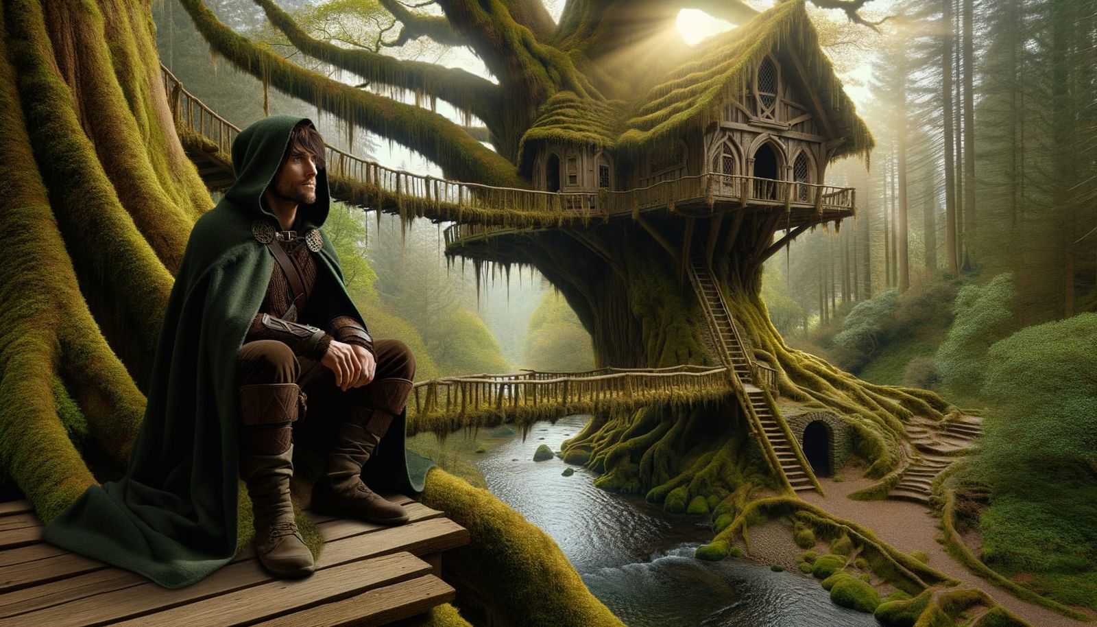 Cloaked Ranger in Mossy Treehouse at Sunset