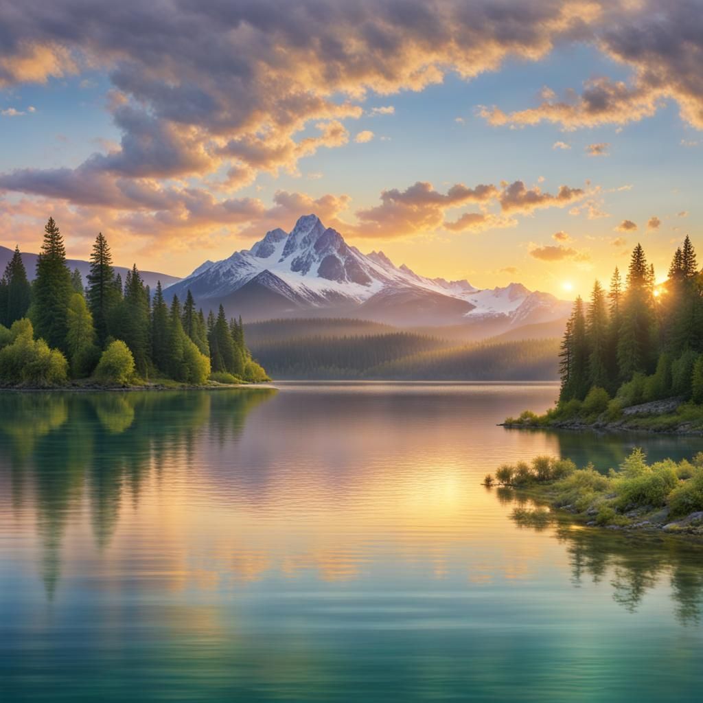 Serene Lakeside Sunset: Emerald Forests and Azure Skies