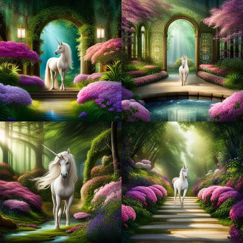 An image of an unicorn in a mystical garden
