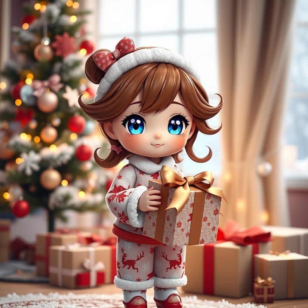 Chibi Christmas Doll Girl Wears Whimsical Pajamas