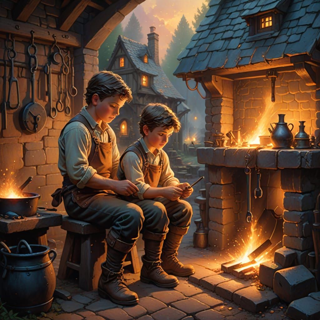 Boy Watches Blacksmith in Ethereal Fantasy Style