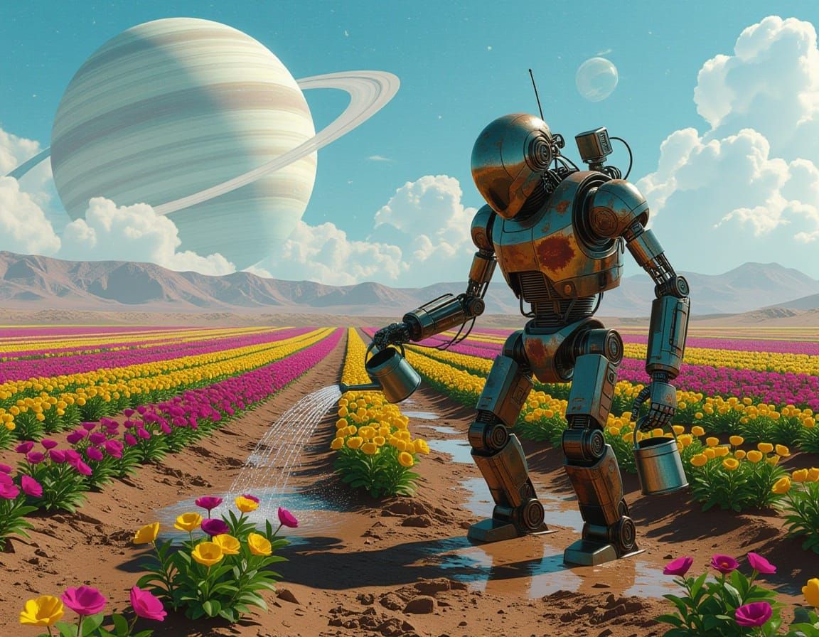 Alien Garden With Robotic Gardener and Ringed Planet