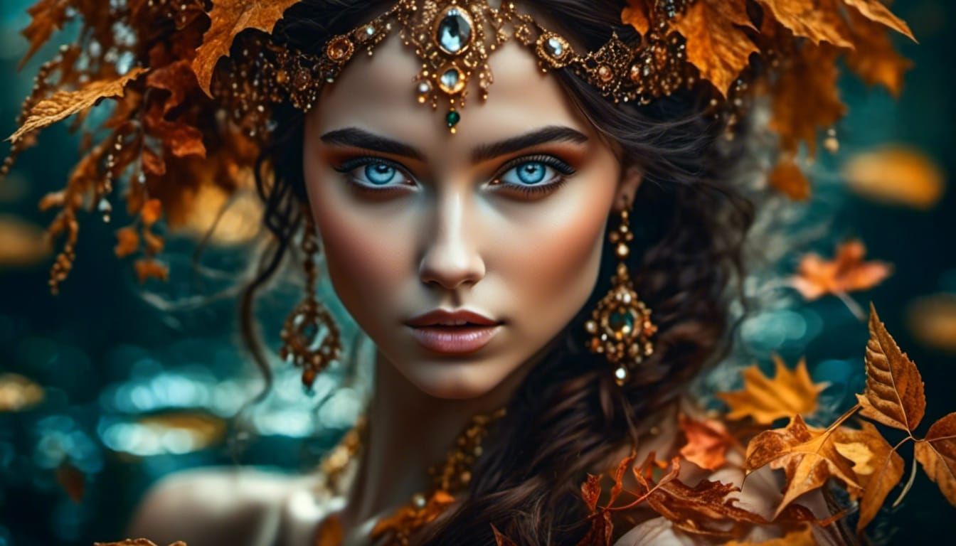 Beautiful Woman in Autumn Lake with Intense Eyes