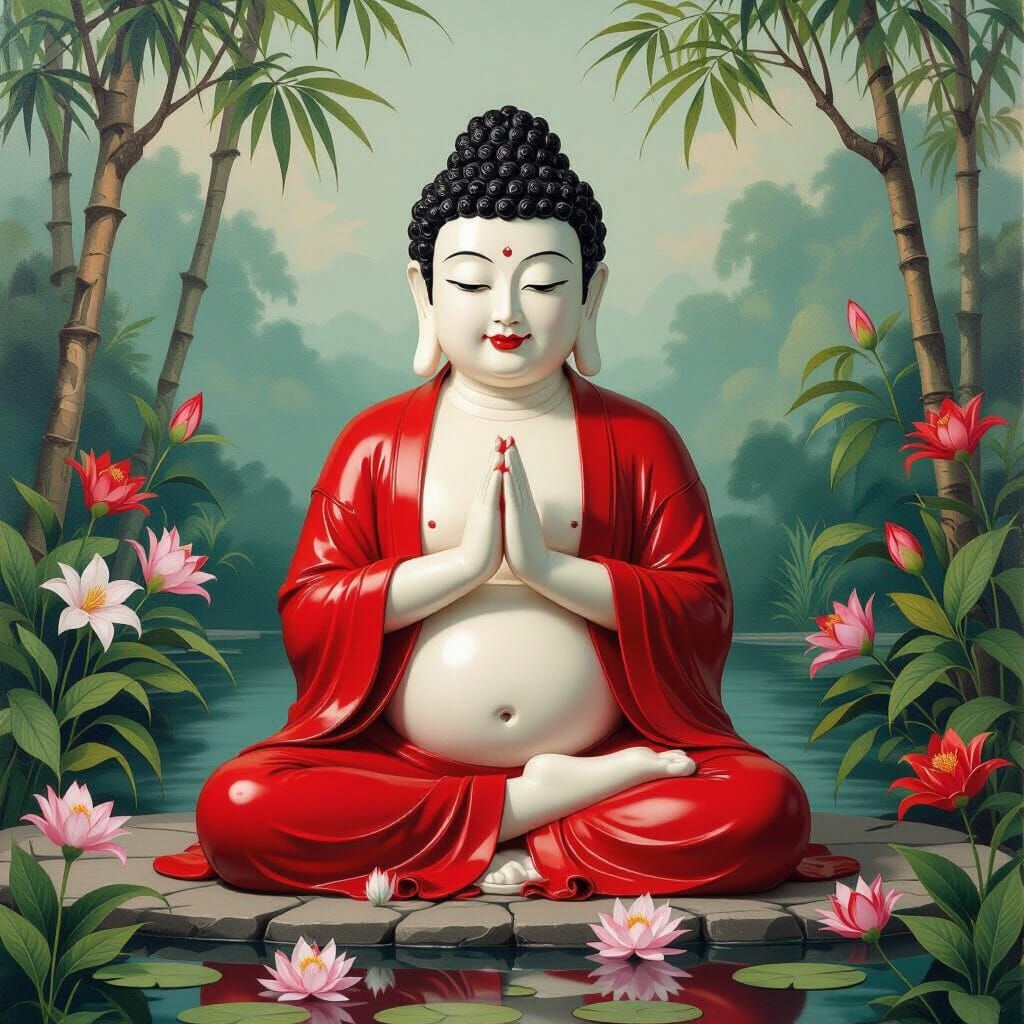 Lacquered Buddha in Red Jacket in Asian Style