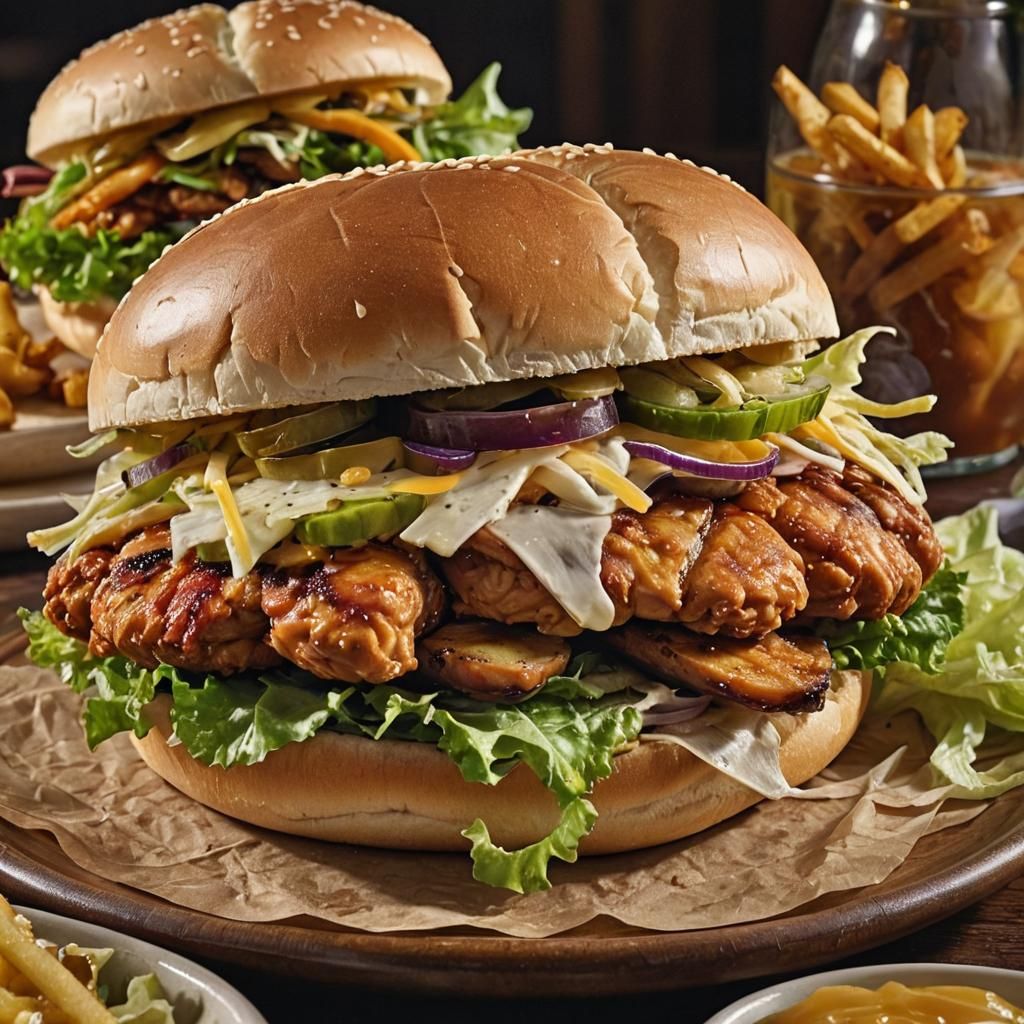 Fantastical Double-Decker Chicken Sandwich Illustration