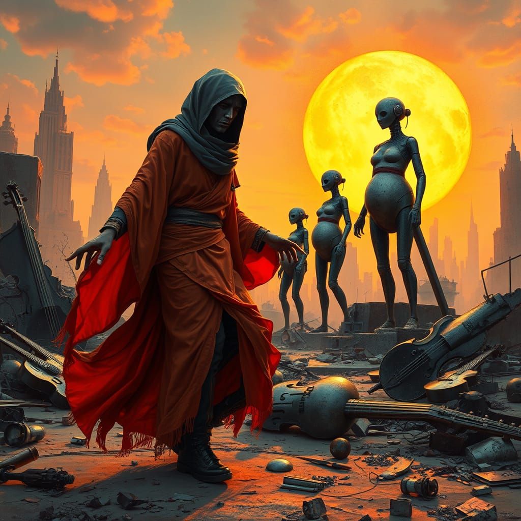 Masked Musician Dancing in Cyberpunk Ruins, Art Nouveau