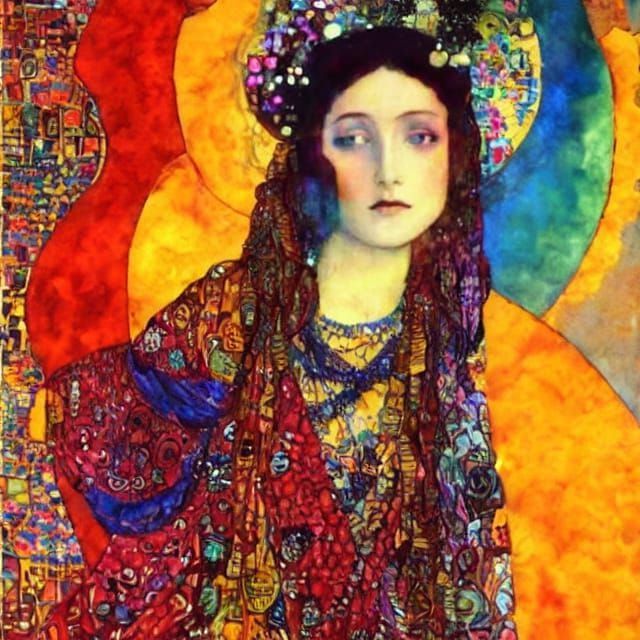 Lady Macbeth Hippie Woman in Vibrant Watercolor Landscape