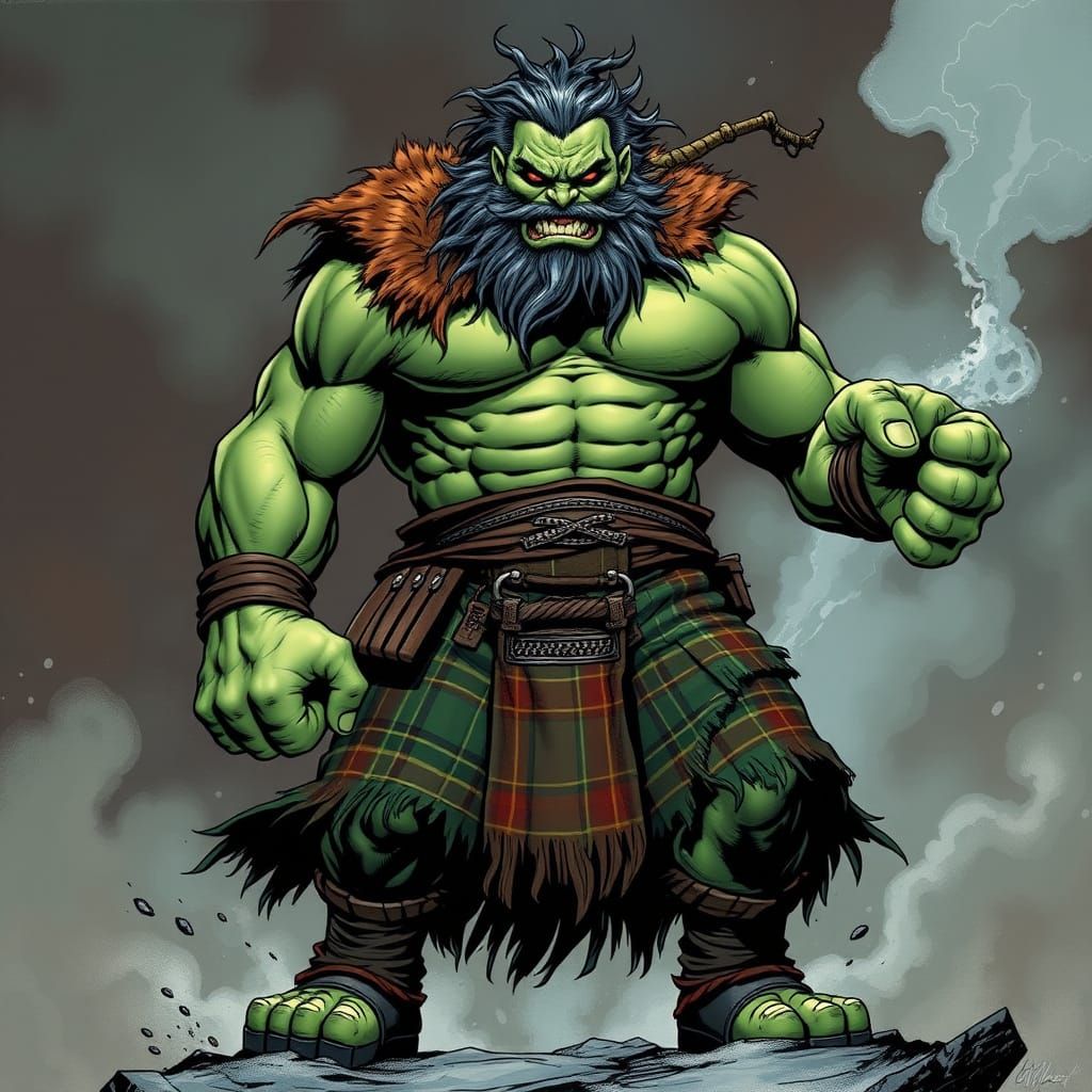 Furious Green Scottish Warrior in Comic Book Style