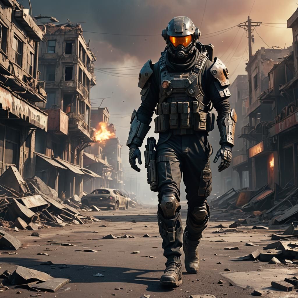 Futuristic Soldier in Post-Apocalyptic Cityscape