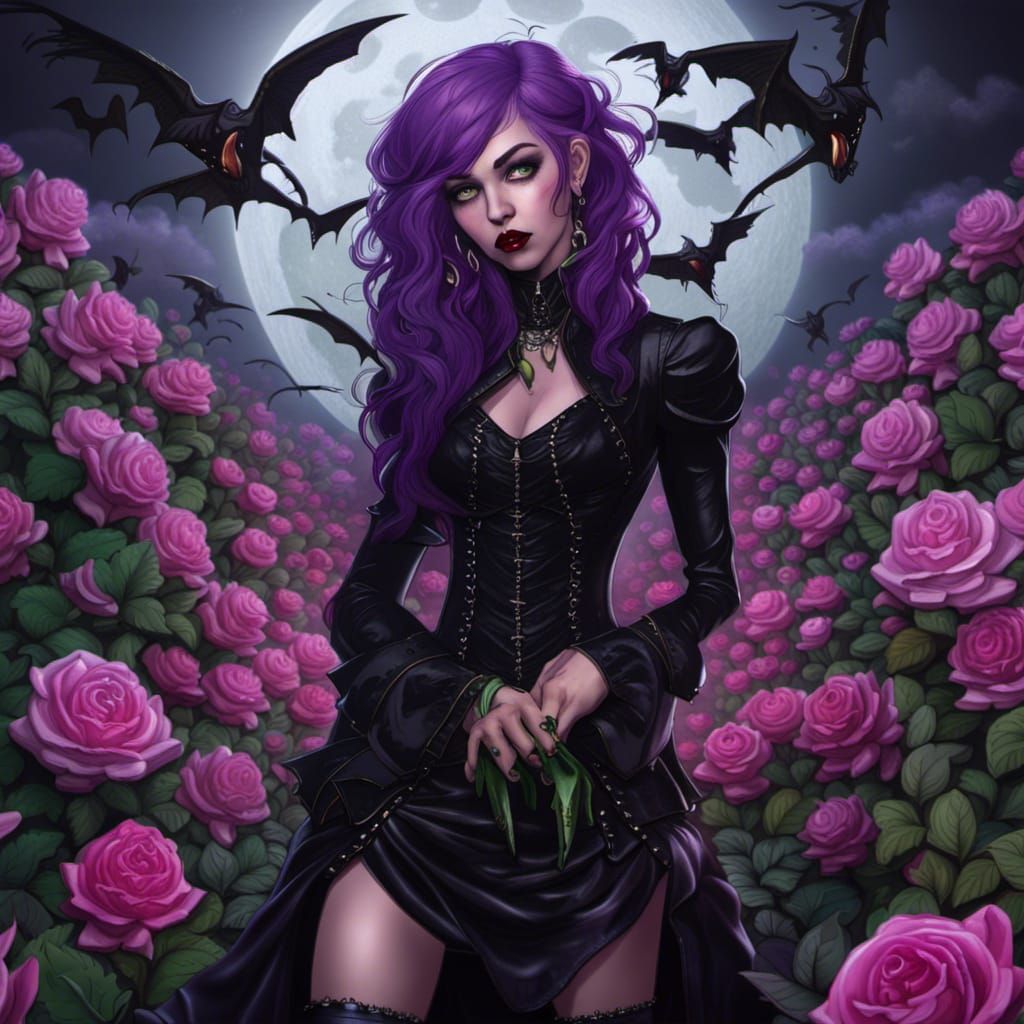 Vampire Girl in Rose Garden, Detailed Matte Painting