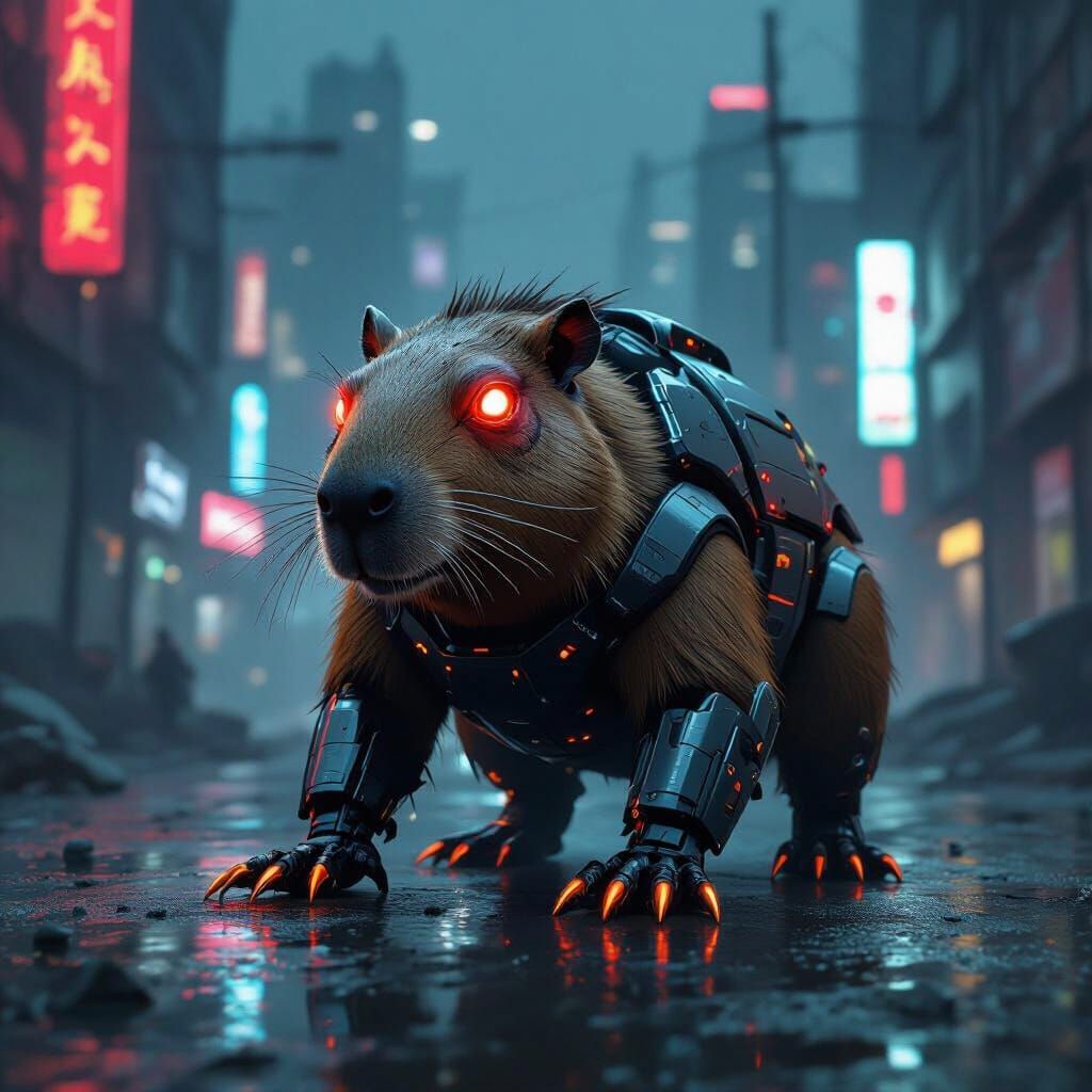 Cybernetic Capybara Robot in Futuristic City