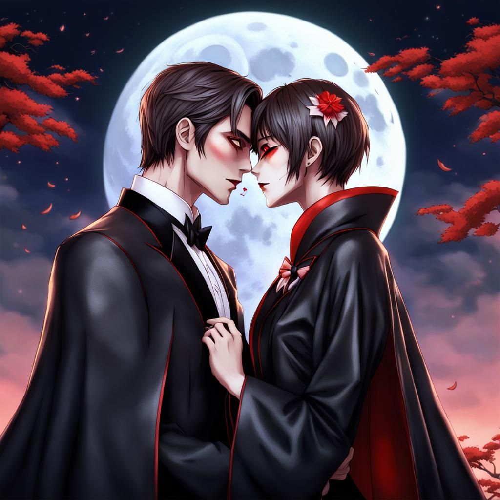Anime Style Vampire Kiss Under Moon