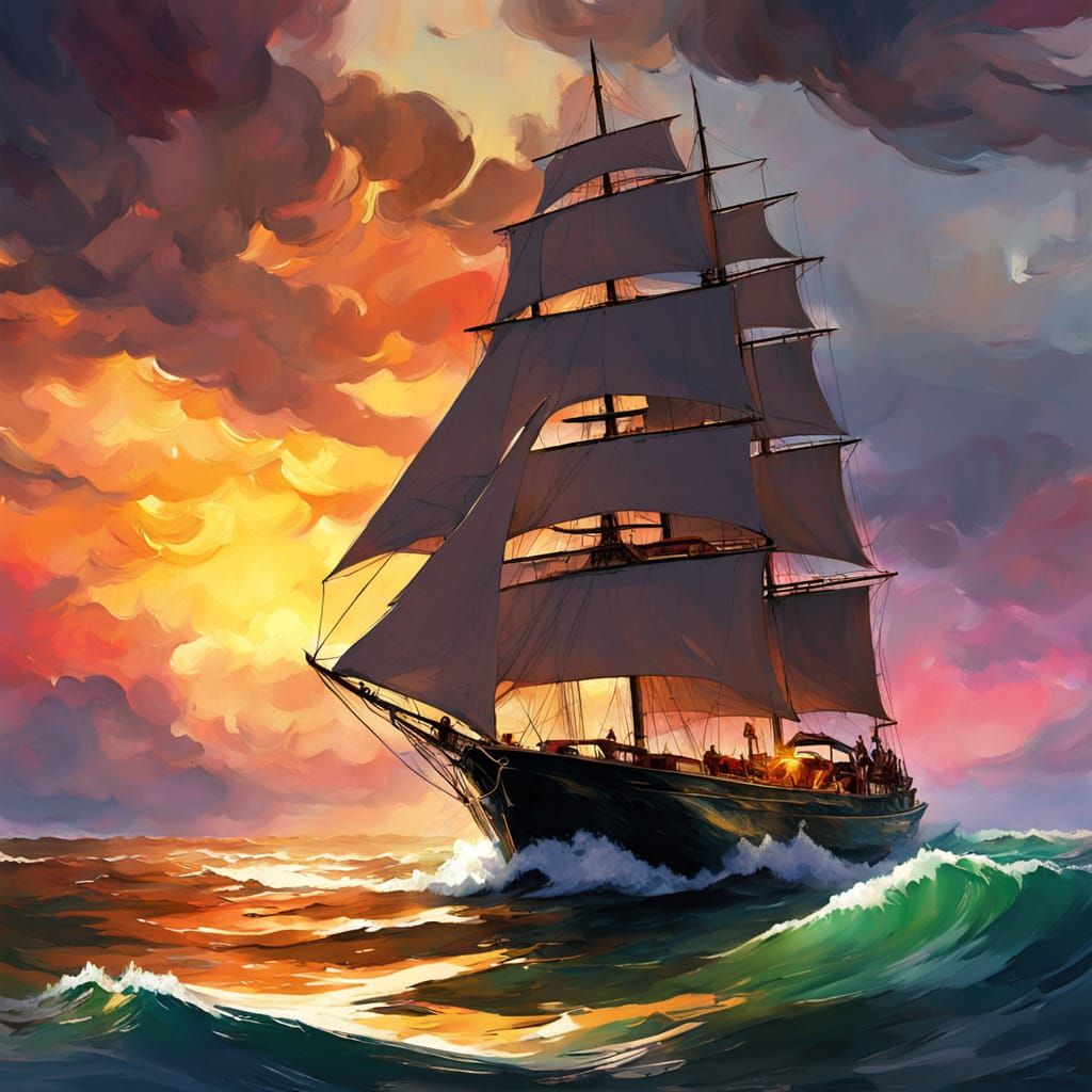 Sailing Yacht in Stormy Seas, Chiaroscuro Lighting, Watercol...