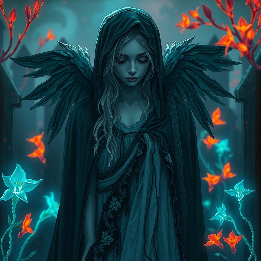 Bioluminescent Graveyard Angel in Eerie Landscape