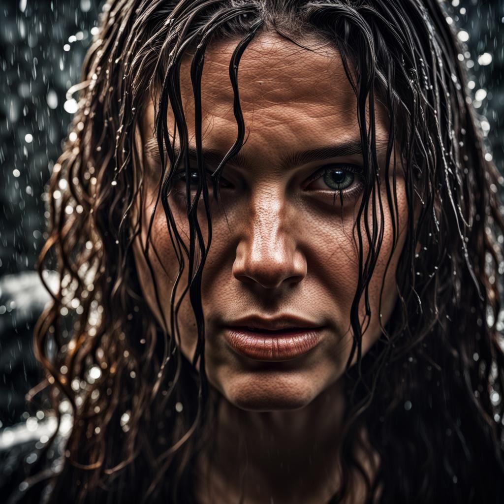 Brunette Woman with Wet Hair: Hyperrealistic Close-Up