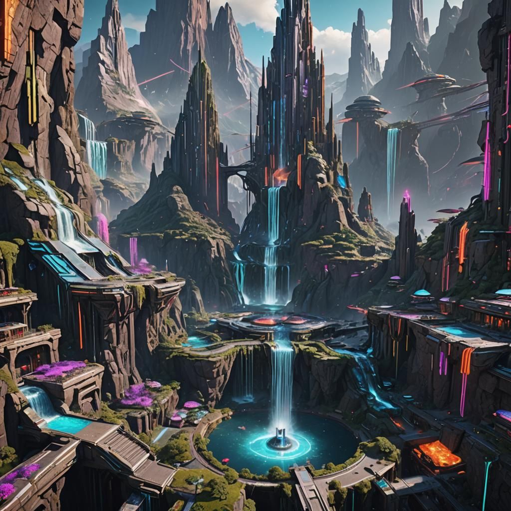 Futuristic City with Neon Waterfalls: Fantasy Concept Art