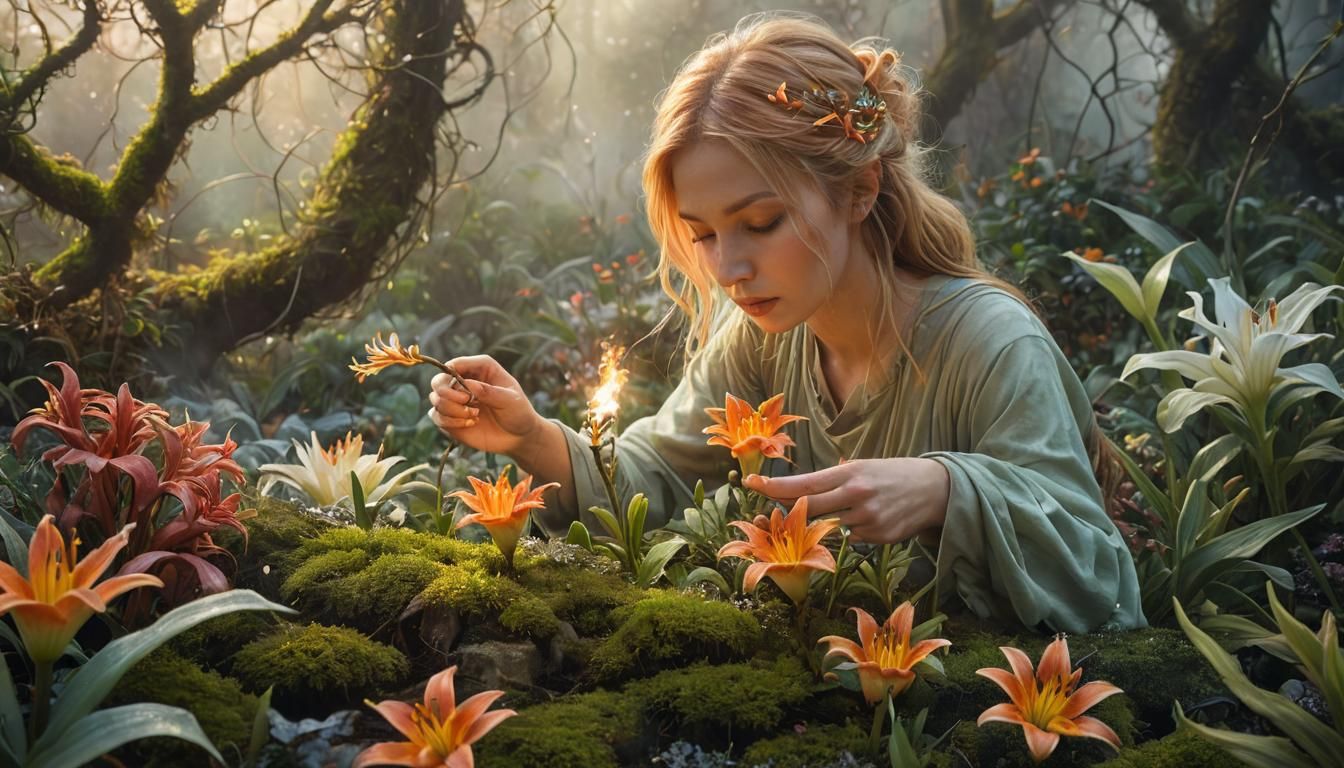Elemental Gardener Nurturing Flame Flowers in Fantasy Art