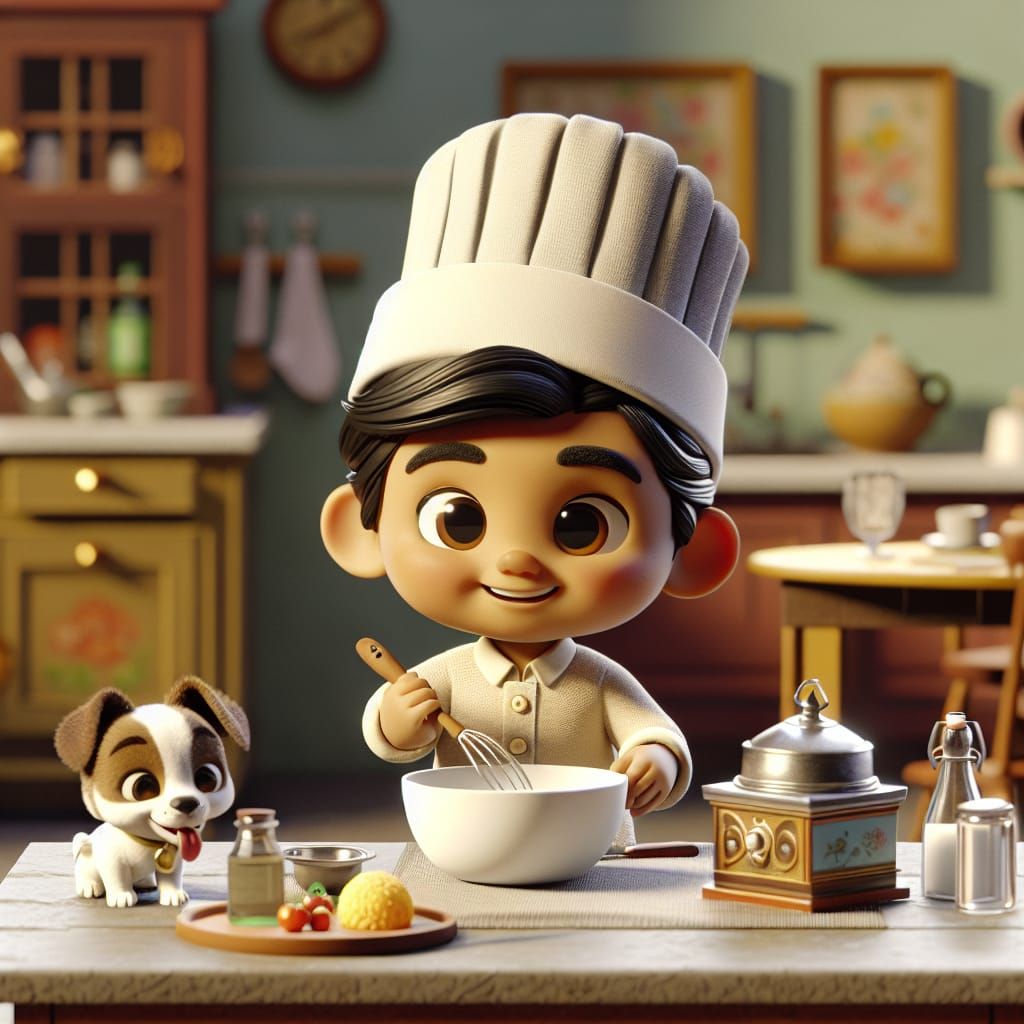 Disney Pixar style 3D adorable little girl, cute expression of concentration on her face, wearing a chef’s hat, making b...