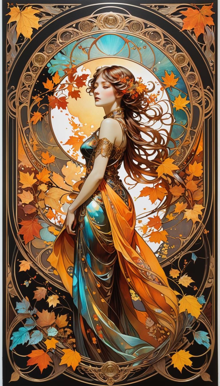 Iridescent Autumn Woman in Art Nouveau Style