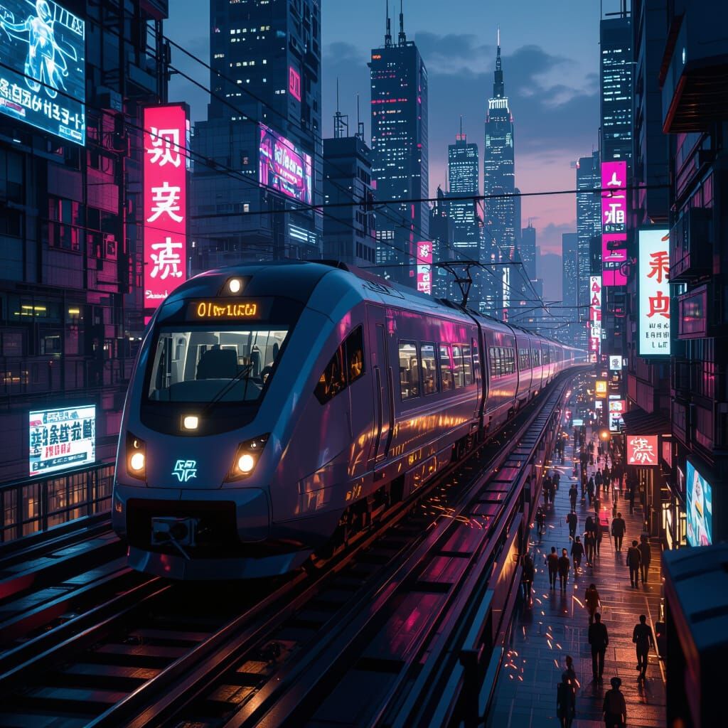 Cyberpunk Train Gleaming in Neon Cityscape