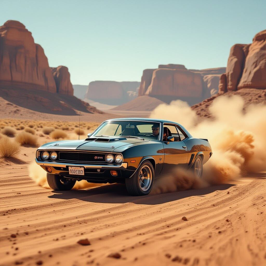 Muscle Car Rips Through Desert Landscape