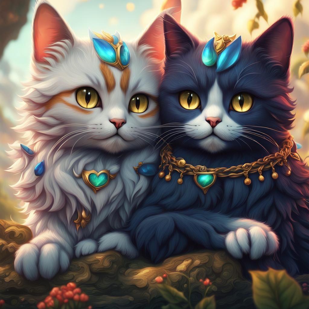 Cute Cats Hugging: Detailed Fantasy Concept Art