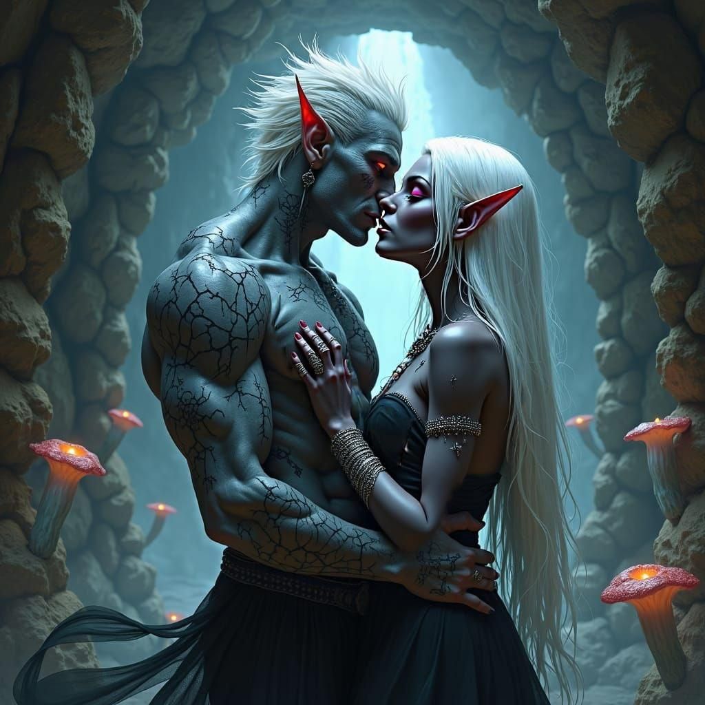 Drow Elves Embrace in Gothic Subterranean Tunnel