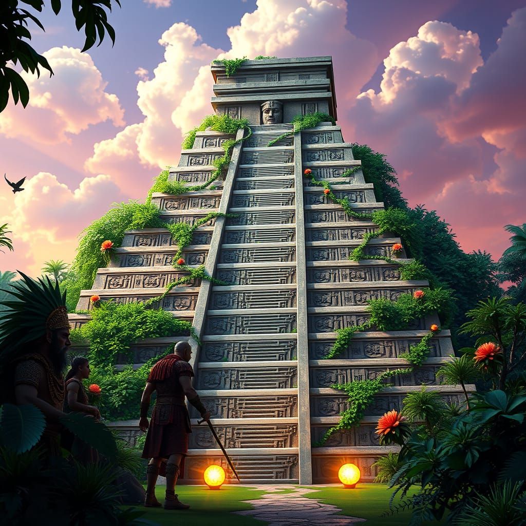 Aztec Pyramid in Emerald Vines and Mystical Patterns
