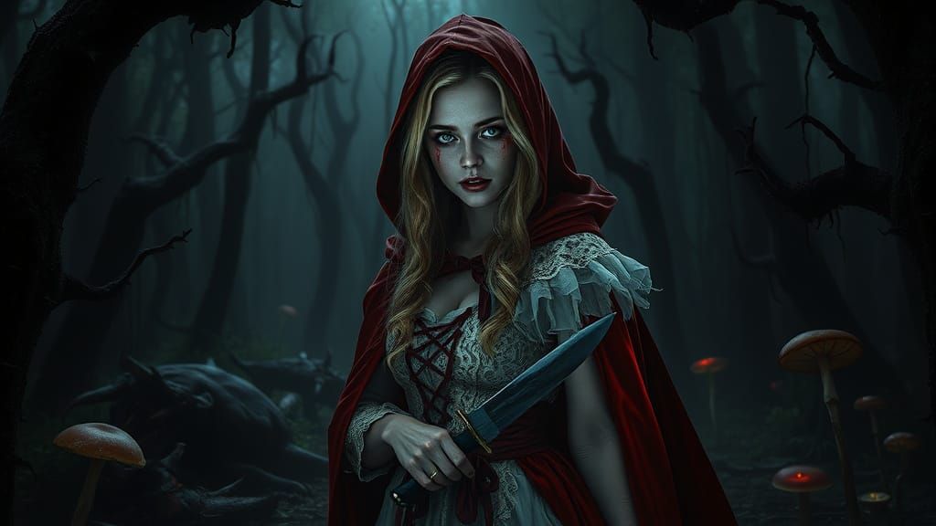 Gothic Horror Red Riding Hood in Haunted Forest