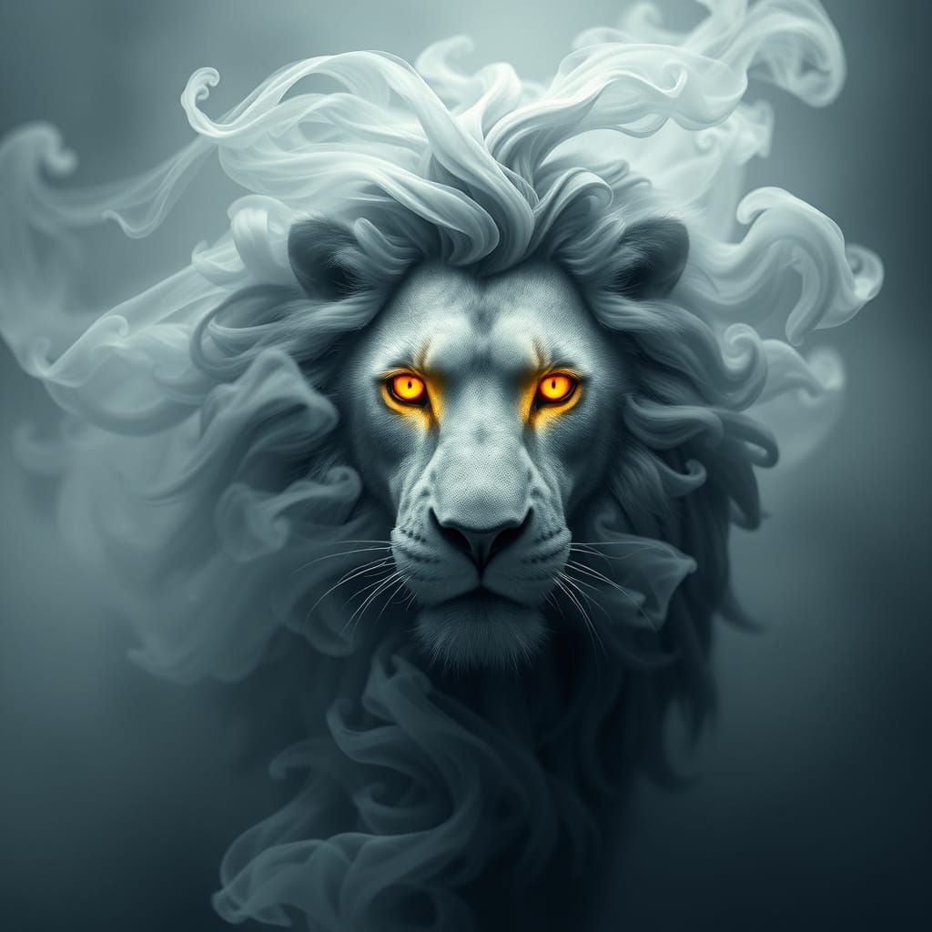 Majestic Smoke Lion with Glowing Golden Eyes