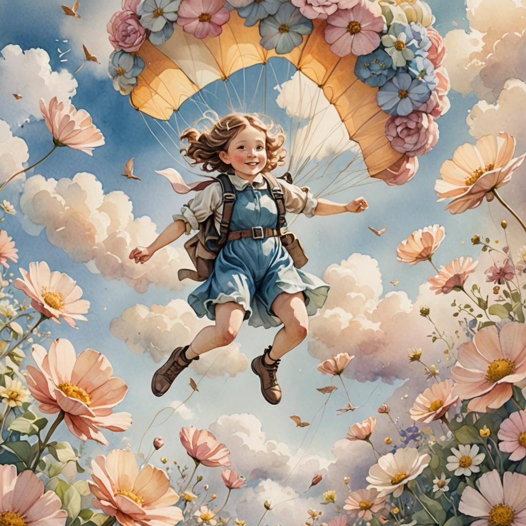 Watercolor Skydiving Girl with Flower Parachute