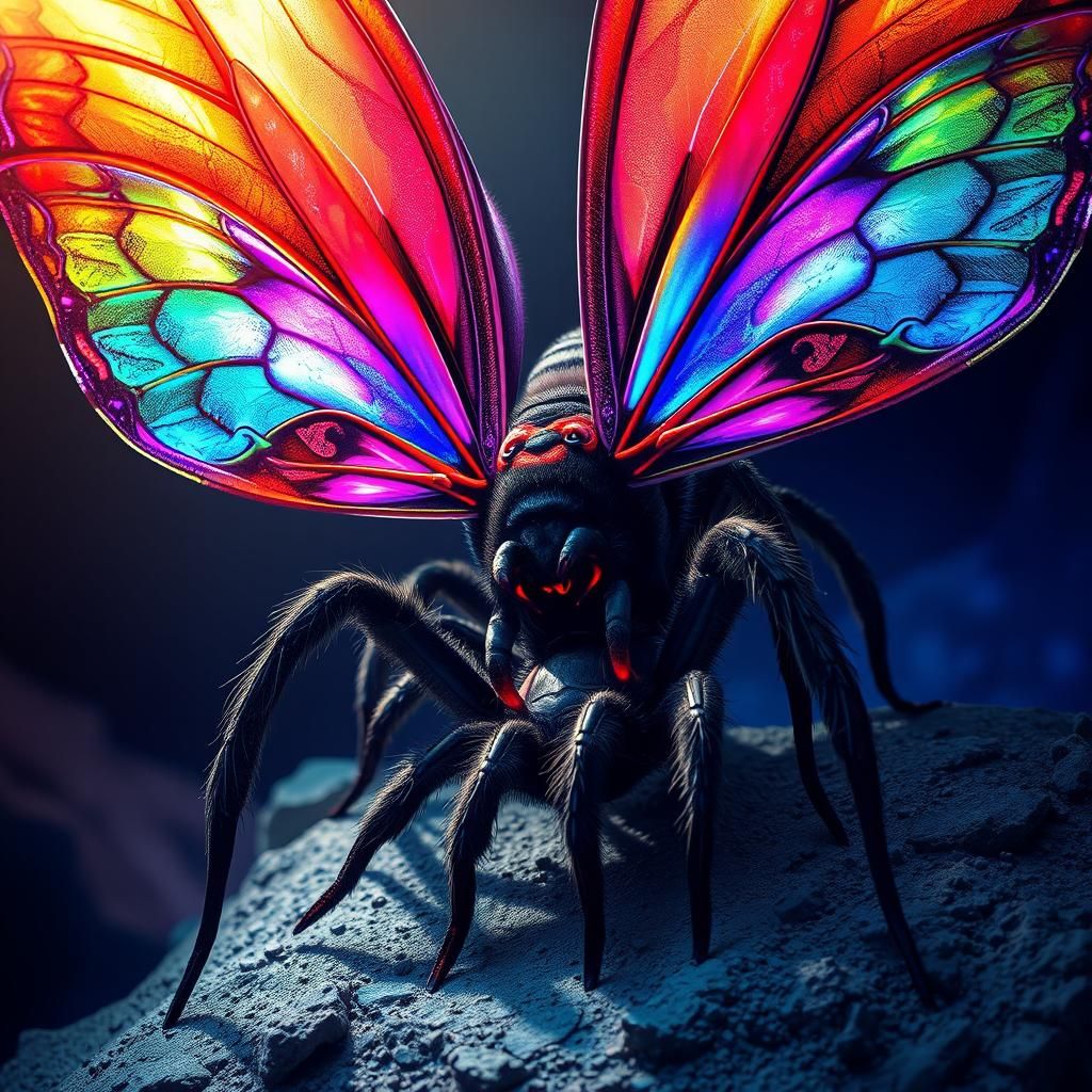 Rainbow Butterfly Devours Tarantula in Surreal Scene