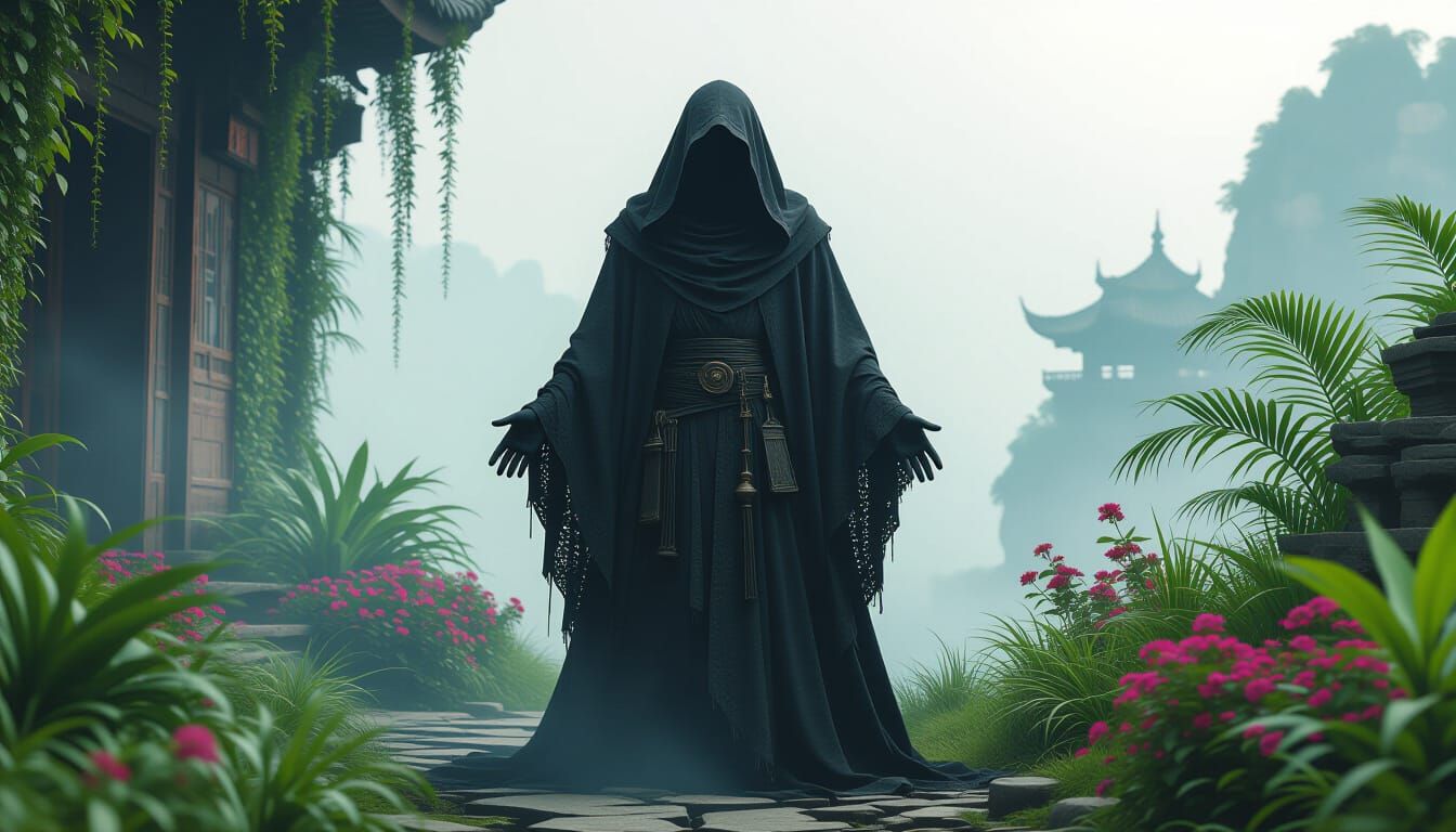 Mysterious Hooded Figure Drains Light in Lush Landscape