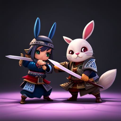 Bunny Samurai vs Kitten Samurai: Dark Fantasy Art